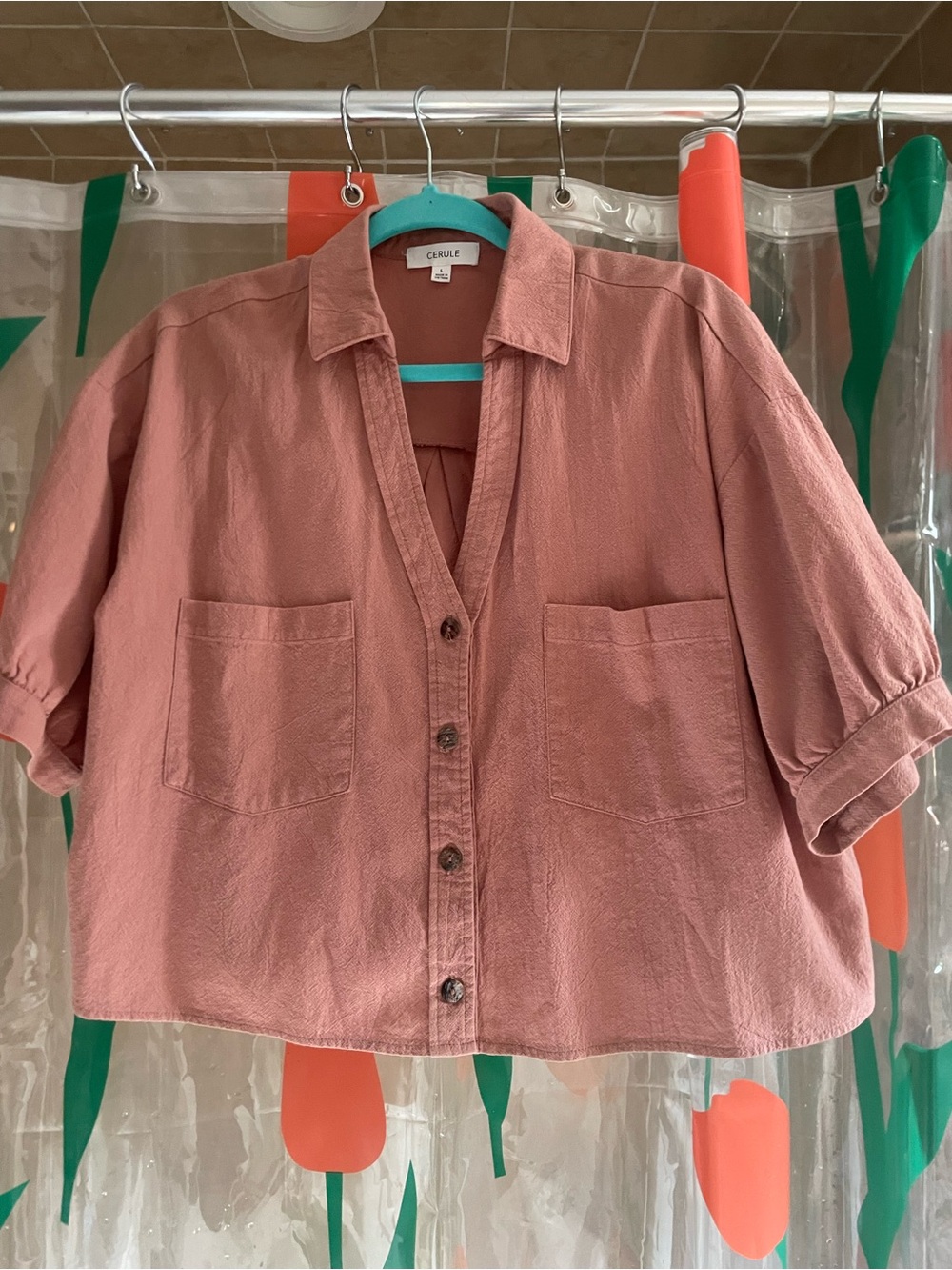 Rose-Pink Short-Sleeve Button Down Boxy Shirt